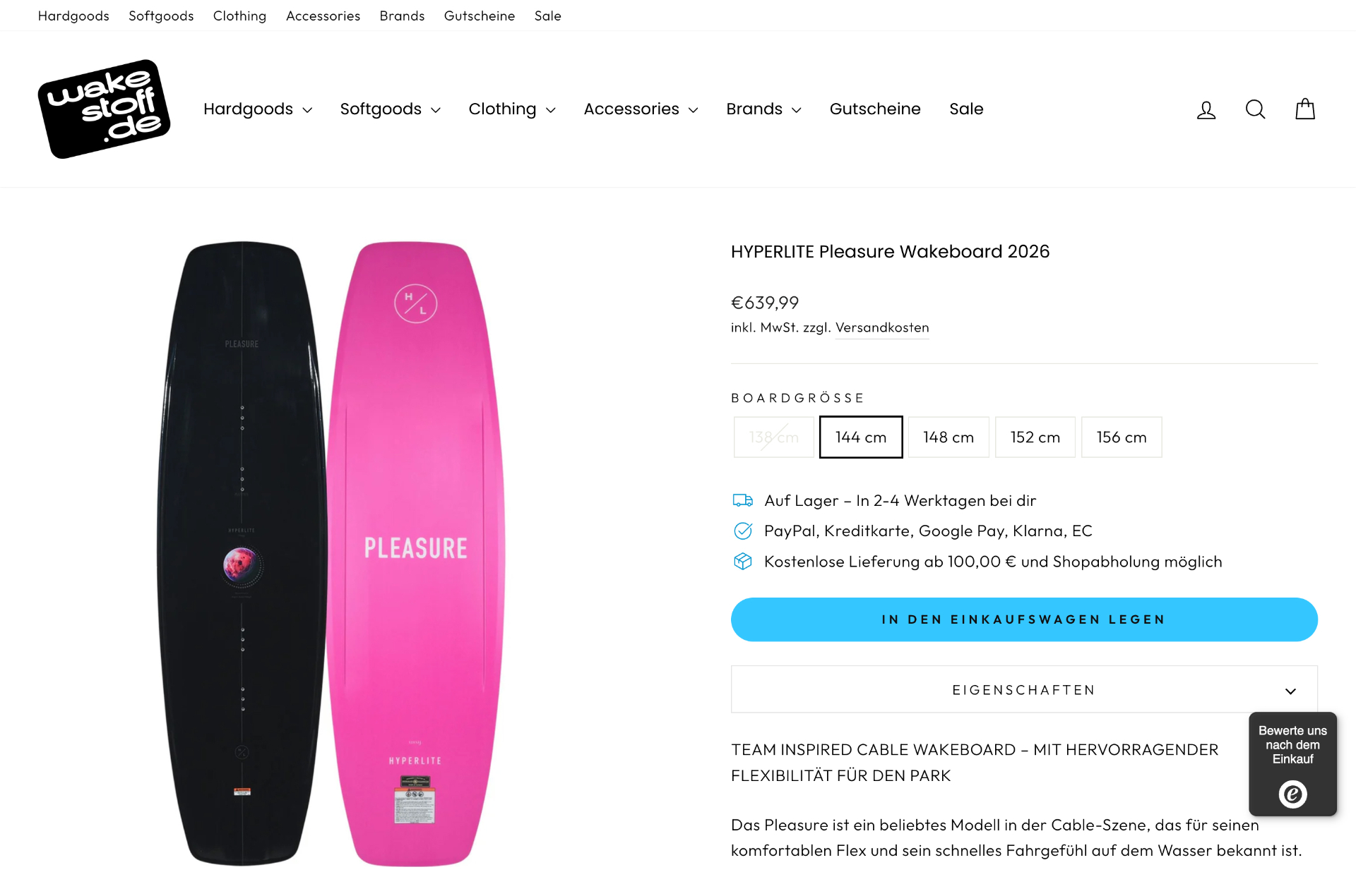 Wakestoff Produktseite Hyperlite Pleasure Wakeboard
