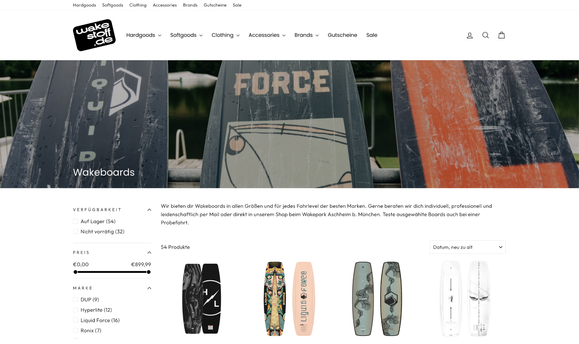 Wakestoff Produktgrid mit Filter für Wakeboards